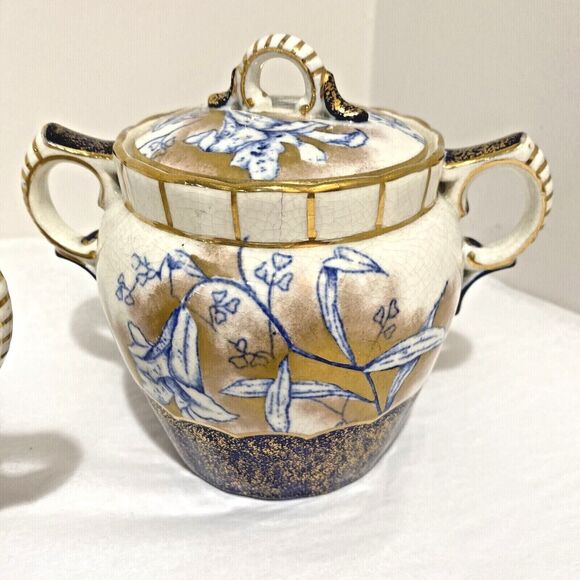 Vintage porcelain creamer & sugar bowl cobalt blue gold highlights unique floral - Picture 6 of 12